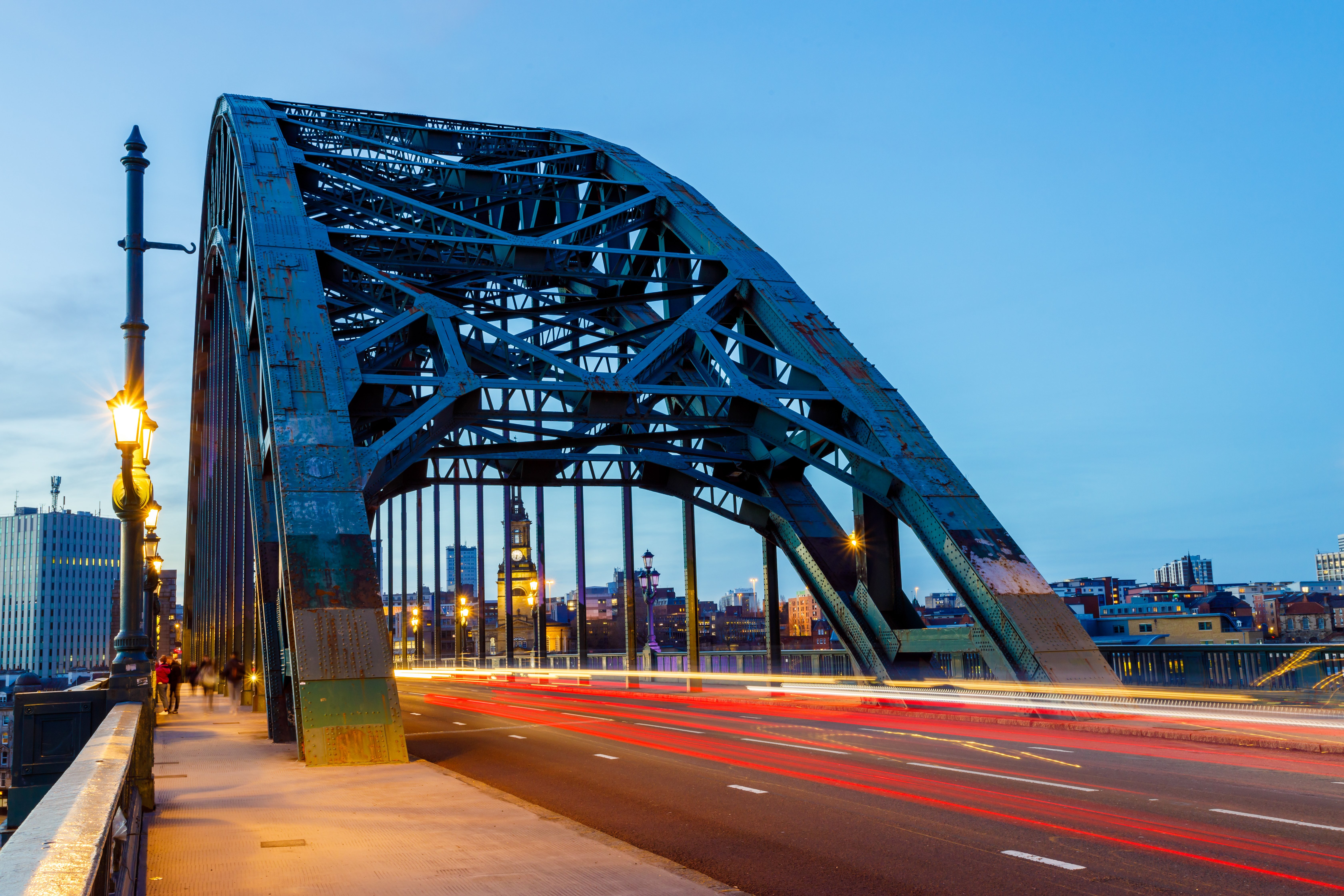 Newcastle upon Tyne UK: 16th March 2021: Tyne Bridge long exposure with blurred traffic during rush hour and blue hour