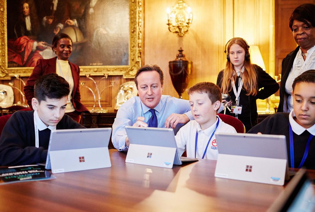 Prime Minister David Cameron joins a class from Eastlea Community School in East London at Downing Street, as they took part in completing an hour-long Minecraft coding tutorial during ‘Hour of Code’ week, London.Michael Bowles/REX Features