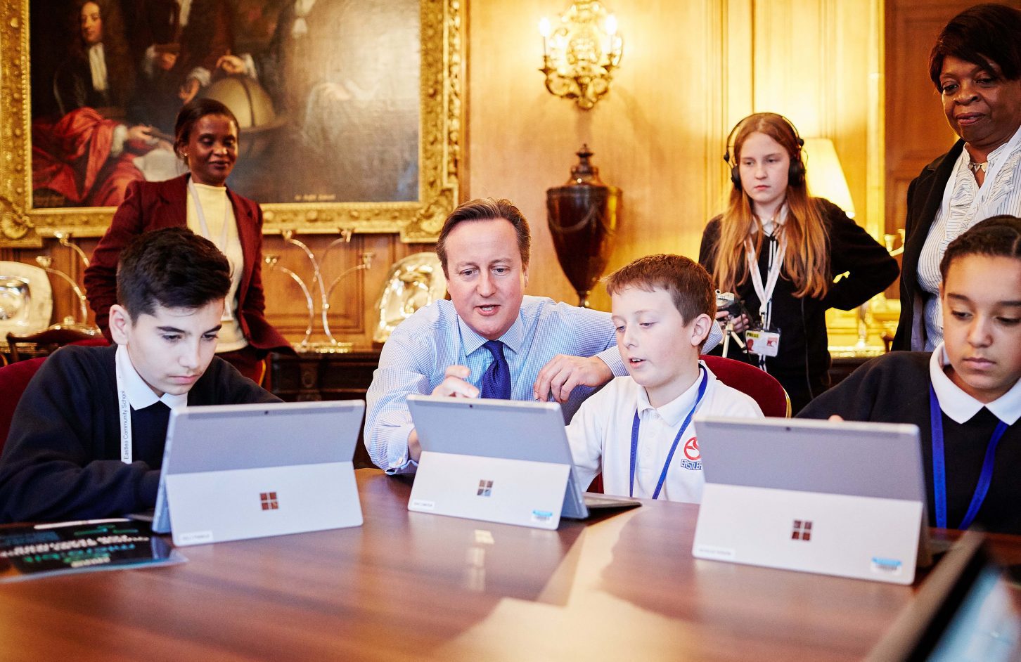 Prime Minister David Cameron joins a class from Eastlea Community School in East London at Downing Street, as they took part in completing an hour-long Minecraft coding tutorial during ‘Hour of Code’ week, London.Michael Bowles/REX Features