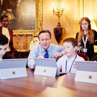 Prime Minister David Cameron joins a class from Eastlea Community School in East London at Downing Street, as they took part in completing an hour-long Minecraft coding tutorial during ‘Hour of Code’ week, London.Michael Bowles/REX Features