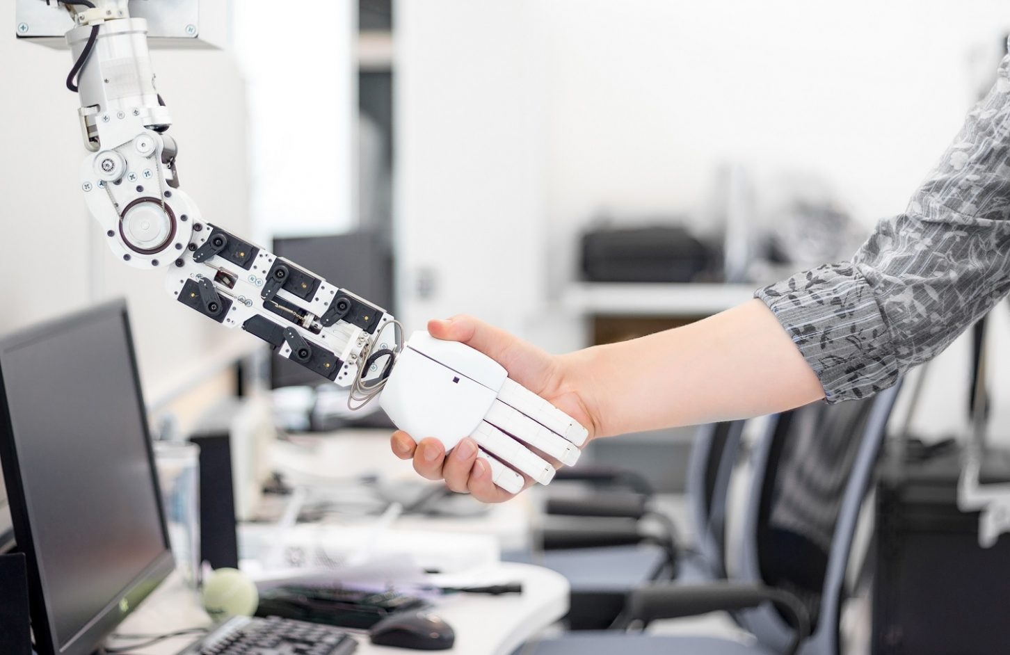 robot woman handshake