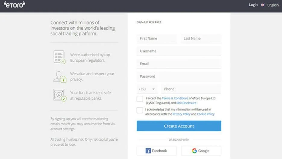 eToro open account page